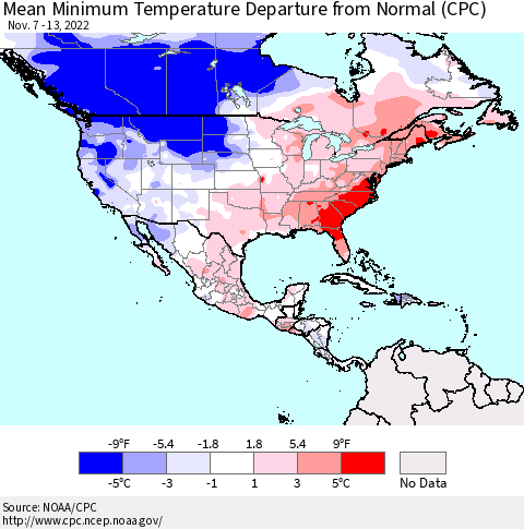North America Mean Minimum Temperature Departure from Normal (CPC) Thematic Map For 11/7/2022 - 11/13/2022