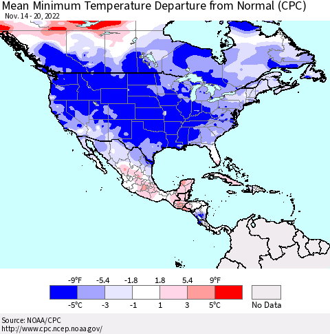 North America Mean Minimum Temperature Departure from Normal (CPC) Thematic Map For 11/14/2022 - 11/20/2022