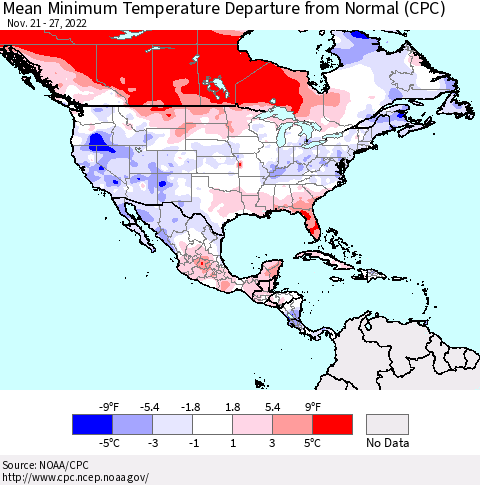 North America Mean Minimum Temperature Departure from Normal (CPC) Thematic Map For 11/21/2022 - 11/27/2022