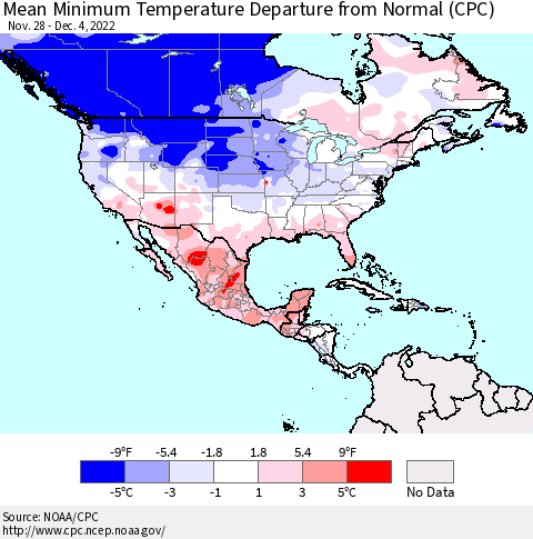 North America Mean Minimum Temperature Departure from Normal (CPC) Thematic Map For 11/28/2022 - 12/4/2022