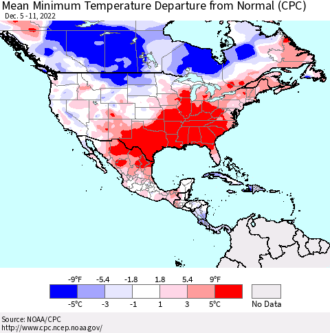 North America Mean Minimum Temperature Departure from Normal (CPC) Thematic Map For 12/5/2022 - 12/11/2022