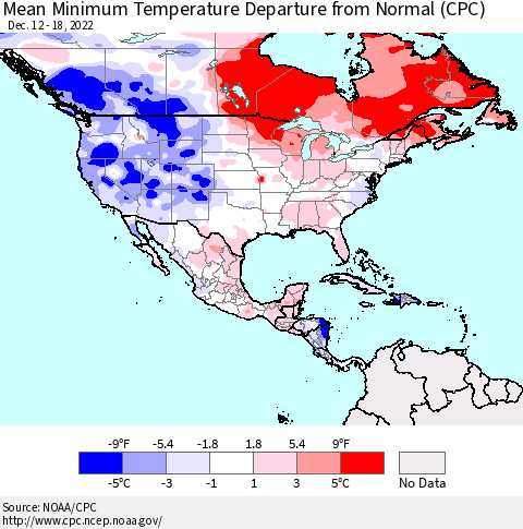 North America Mean Minimum Temperature Departure from Normal (CPC) Thematic Map For 12/12/2022 - 12/18/2022