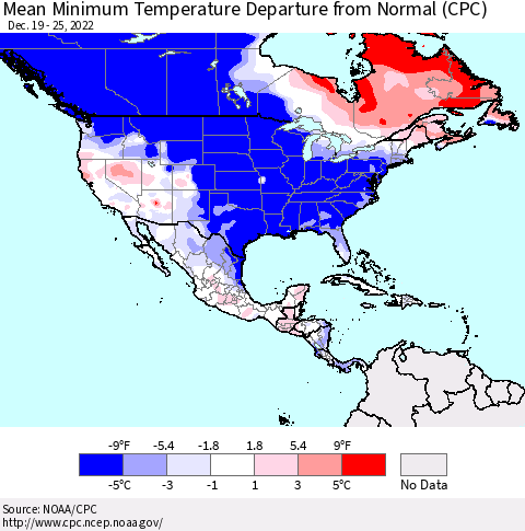 North America Mean Minimum Temperature Departure from Normal (CPC) Thematic Map For 12/19/2022 - 12/25/2022