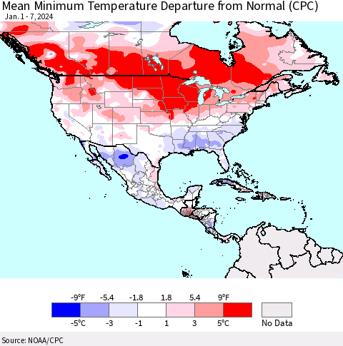 North America Mean Minimum Temperature Departure from Normal (CPC) Thematic Map For 1/1/2024 - 1/7/2024