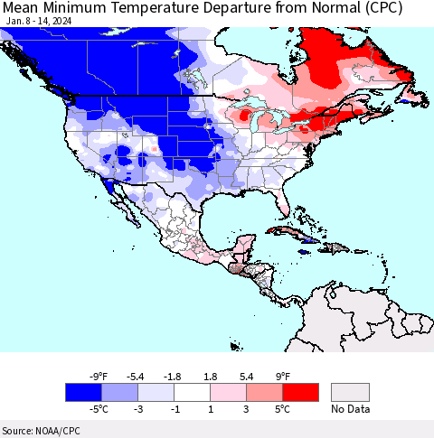 North America Mean Minimum Temperature Departure from Normal (CPC) Thematic Map For 1/8/2024 - 1/14/2024