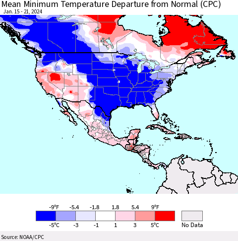 North America Mean Minimum Temperature Departure from Normal (CPC) Thematic Map For 1/15/2024 - 1/21/2024