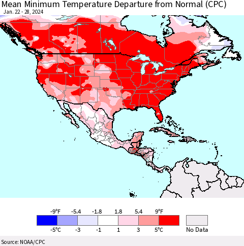 North America Mean Minimum Temperature Departure from Normal (CPC) Thematic Map For 1/22/2024 - 1/28/2024