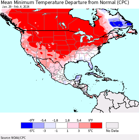 North America Mean Minimum Temperature Departure from Normal (CPC) Thematic Map For 1/29/2024 - 2/4/2024