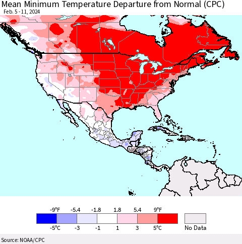 North America Mean Minimum Temperature Departure from Normal (CPC) Thematic Map For 2/5/2024 - 2/11/2024