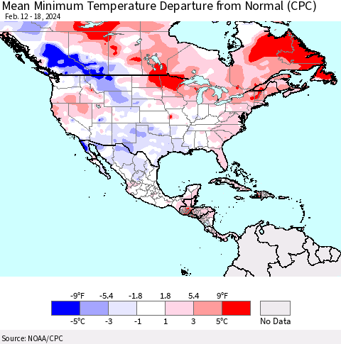 North America Mean Minimum Temperature Departure from Normal (CPC) Thematic Map For 2/12/2024 - 2/18/2024
