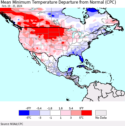 North America Mean Minimum Temperature Departure from Normal (CPC) Thematic Map For 2/19/2024 - 2/25/2024