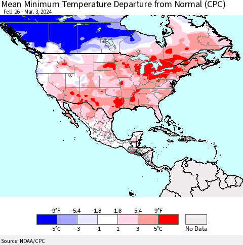 North America Mean Minimum Temperature Departure from Normal (CPC) Thematic Map For 2/26/2024 - 3/3/2024