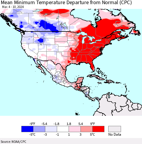 North America Mean Minimum Temperature Departure from Normal (CPC) Thematic Map For 3/4/2024 - 3/10/2024