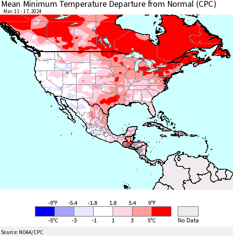 North America Mean Minimum Temperature Departure from Normal (CPC) Thematic Map For 3/11/2024 - 3/17/2024