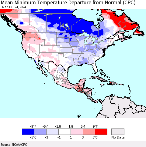 North America Mean Minimum Temperature Departure from Normal (CPC) Thematic Map For 3/18/2024 - 3/24/2024