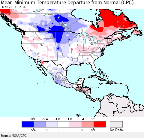 North America Mean Minimum Temperature Departure from Normal (CPC) Thematic Map For 3/25/2024 - 3/31/2024