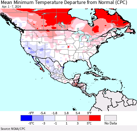 North America Mean Minimum Temperature Departure from Normal (CPC) Thematic Map For 4/1/2024 - 4/7/2024