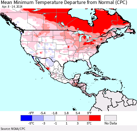 North America Mean Minimum Temperature Departure from Normal (CPC) Thematic Map For 4/8/2024 - 4/14/2024