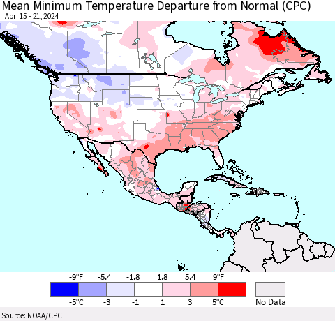 North America Mean Minimum Temperature Departure from Normal (CPC) Thematic Map For 4/15/2024 - 4/21/2024