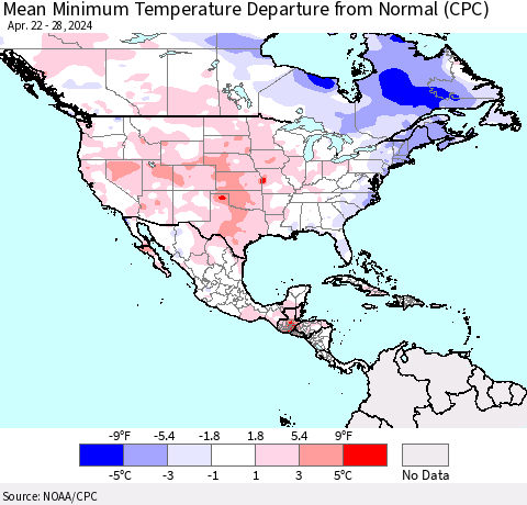 North America Mean Minimum Temperature Departure from Normal (CPC) Thematic Map For 4/22/2024 - 4/28/2024