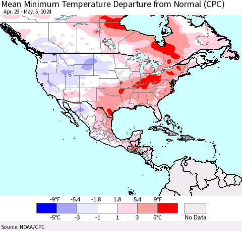 North America Mean Minimum Temperature Departure from Normal (CPC) Thematic Map For 4/29/2024 - 5/5/2024
