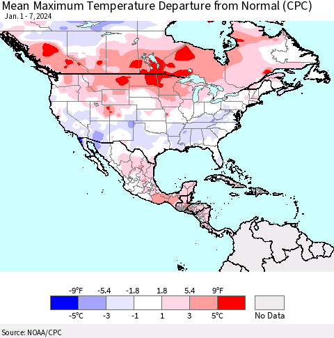 North America Mean Maximum Temperature Departure from Normal (CPC) Thematic Map For 1/1/2024 - 1/7/2024