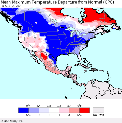 North America Mean Maximum Temperature Departure from Normal (CPC) Thematic Map For 1/15/2024 - 1/21/2024