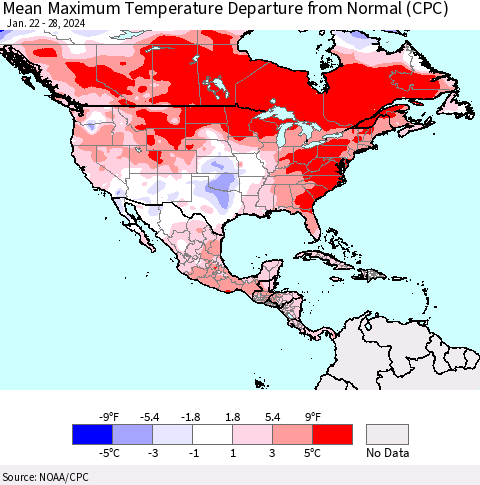 North America Mean Maximum Temperature Departure from Normal (CPC) Thematic Map For 1/22/2024 - 1/28/2024