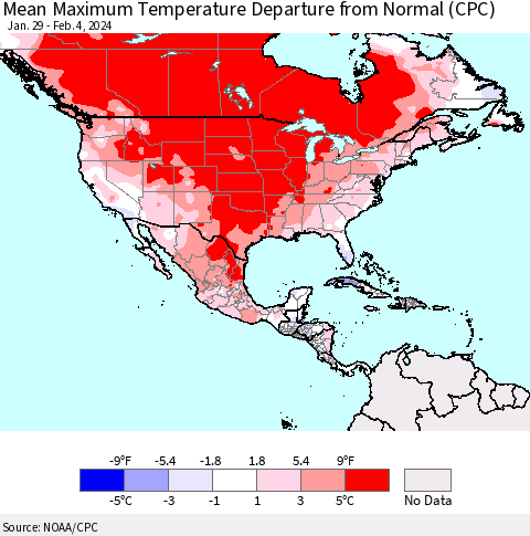 North America Mean Maximum Temperature Departure from Normal (CPC) Thematic Map For 1/29/2024 - 2/4/2024
