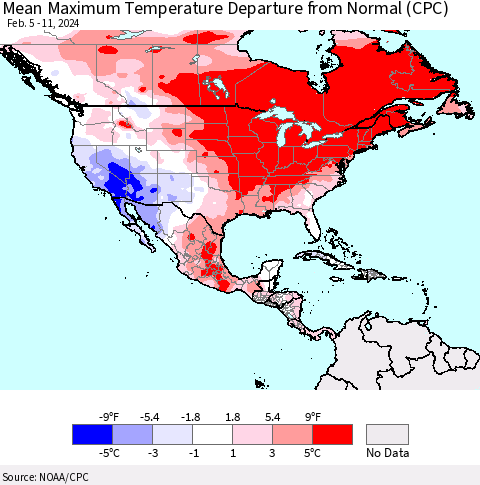 North America Mean Maximum Temperature Departure from Normal (CPC) Thematic Map For 2/5/2024 - 2/11/2024