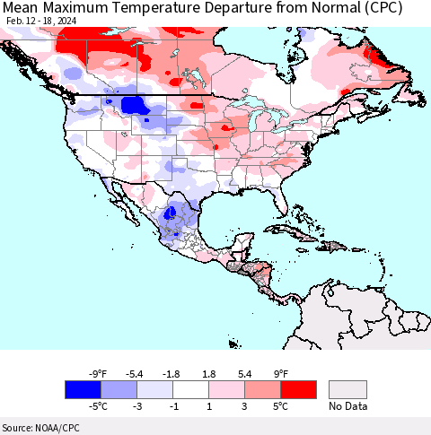 North America Mean Maximum Temperature Departure from Normal (CPC) Thematic Map For 2/12/2024 - 2/18/2024