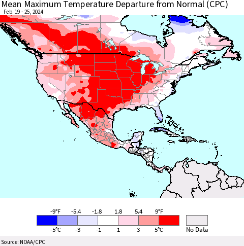 North America Mean Maximum Temperature Departure from Normal (CPC) Thematic Map For 2/19/2024 - 2/25/2024