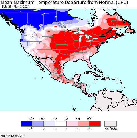 North America Mean Maximum Temperature Departure from Normal (CPC) Thematic Map For 2/26/2024 - 3/3/2024