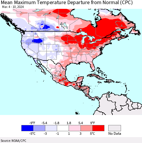 North America Mean Maximum Temperature Departure from Normal (CPC) Thematic Map For 3/4/2024 - 3/10/2024