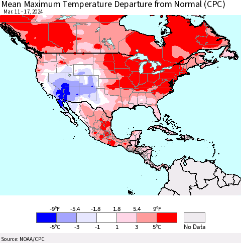 North America Mean Maximum Temperature Departure from Normal (CPC) Thematic Map For 3/11/2024 - 3/17/2024