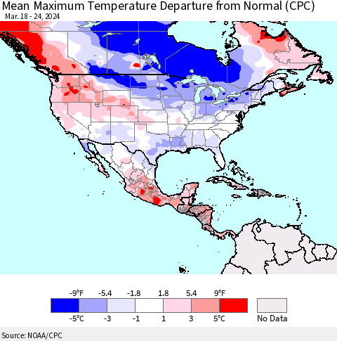North America Mean Maximum Temperature Departure from Normal (CPC) Thematic Map For 3/18/2024 - 3/24/2024