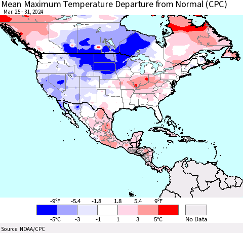 North America Mean Maximum Temperature Departure from Normal (CPC) Thematic Map For 3/25/2024 - 3/31/2024