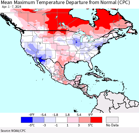 North America Mean Maximum Temperature Departure from Normal (CPC) Thematic Map For 4/1/2024 - 4/7/2024