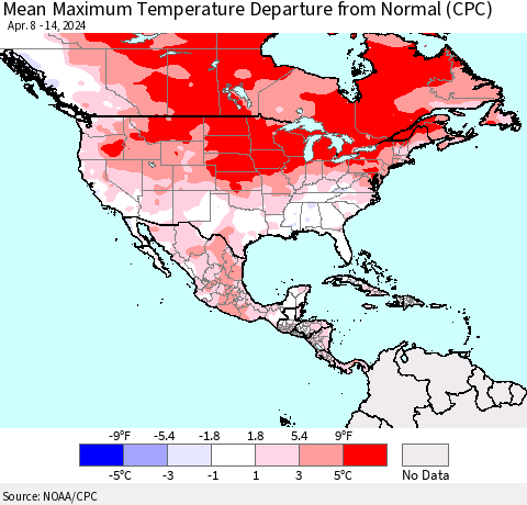 North America Mean Maximum Temperature Departure from Normal (CPC) Thematic Map For 4/8/2024 - 4/14/2024