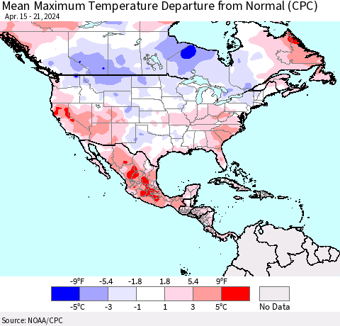 North America Mean Maximum Temperature Departure from Normal (CPC) Thematic Map For 4/15/2024 - 4/21/2024