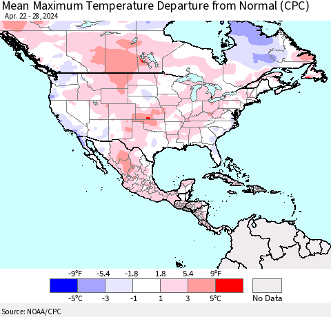North America Mean Maximum Temperature Departure from Normal (CPC) Thematic Map For 4/22/2024 - 4/28/2024