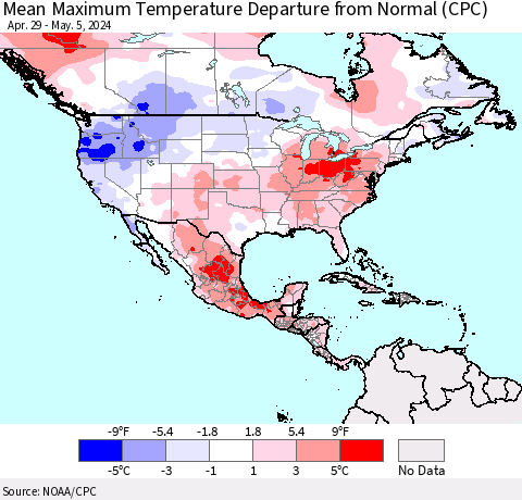 North America Mean Maximum Temperature Departure from Normal (CPC) Thematic Map For 4/29/2024 - 5/5/2024