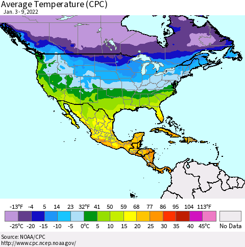 North America Average Temperature (CPC) Thematic Map For 1/3/2022 - 1/9/2022
