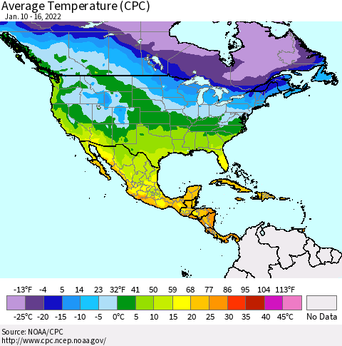 North America Average Temperature (CPC) Thematic Map For 1/10/2022 - 1/16/2022