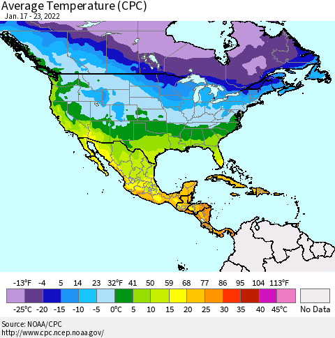 North America Average Temperature (CPC) Thematic Map For 1/17/2022 - 1/23/2022