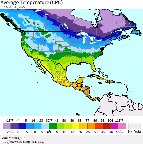 North America Average Temperature (CPC) Thematic Map For 1/24/2022 - 1/30/2022