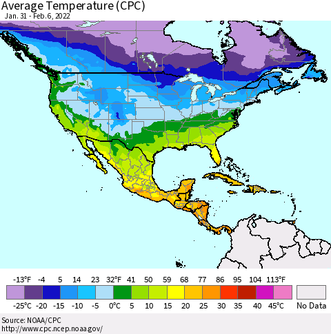 North America Average Temperature (CPC) Thematic Map For 1/31/2022 - 2/6/2022