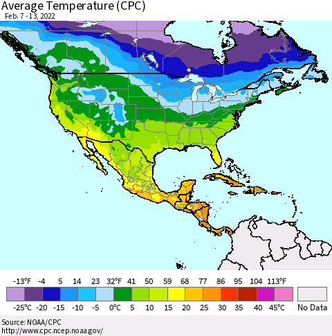 North America Average Temperature (CPC) Thematic Map For 2/7/2022 - 2/13/2022