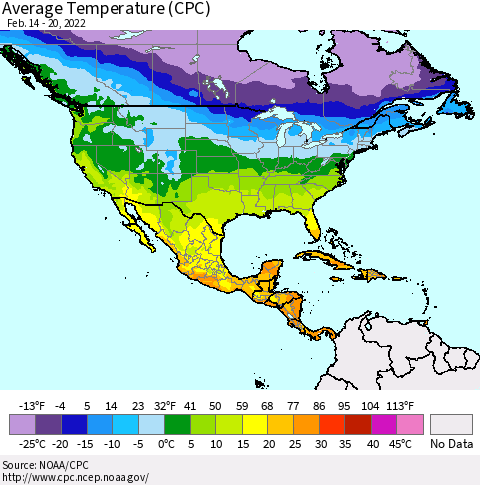 North America Average Temperature (CPC) Thematic Map For 2/14/2022 - 2/20/2022