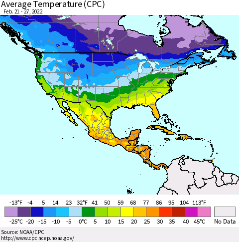 North America Average Temperature (CPC) Thematic Map For 2/21/2022 - 2/27/2022